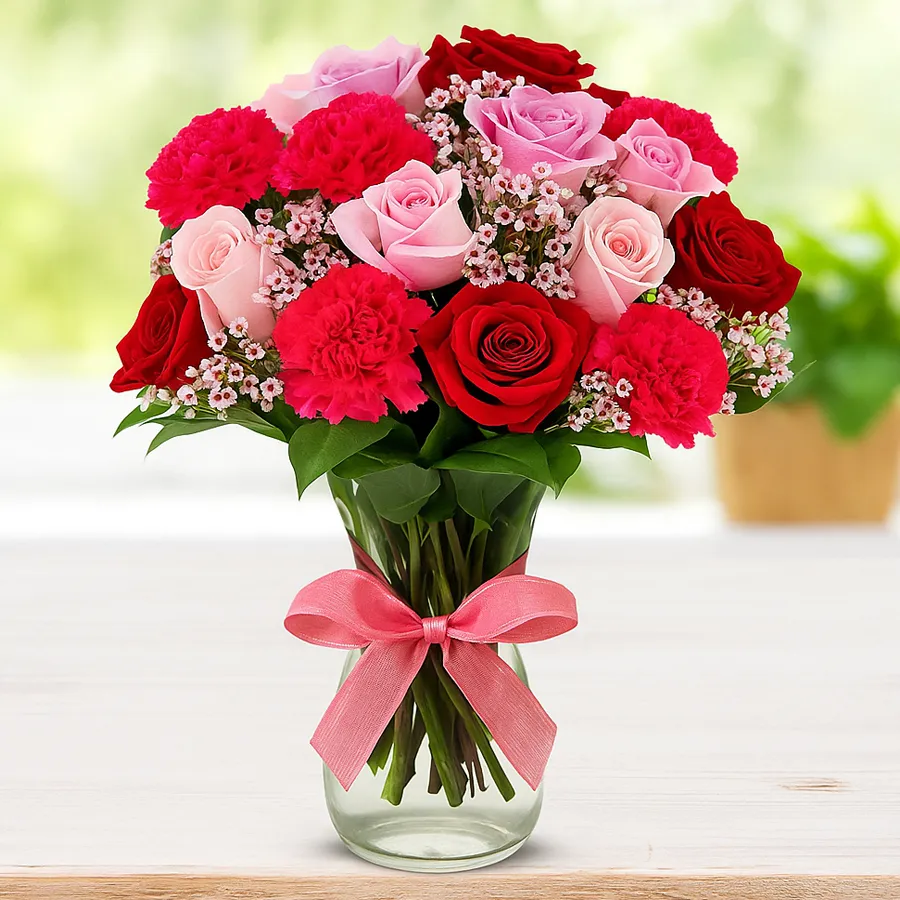A mixed flowers bouquet featuring red and pink roses and carnations in a glass vase, beautifully arranged and tied with a ribbon.