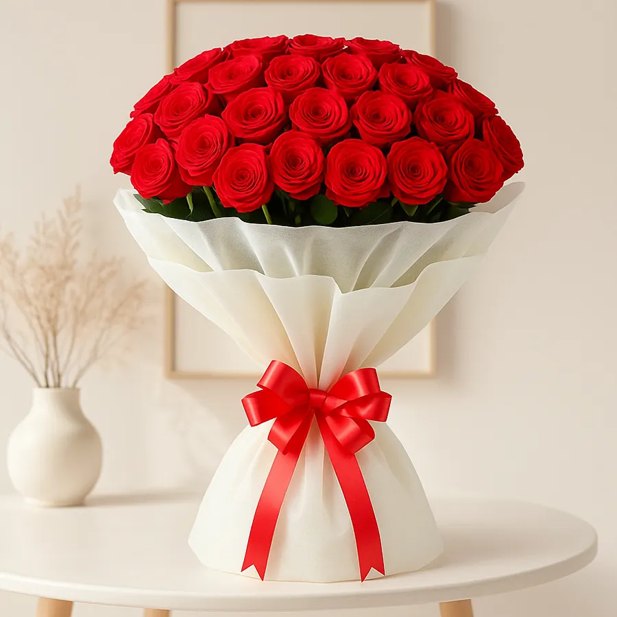 A bouquet featuring 50 Dutch roses, elegantly wrapped in tissue and ribbon, perfect for gifting on special occasions.