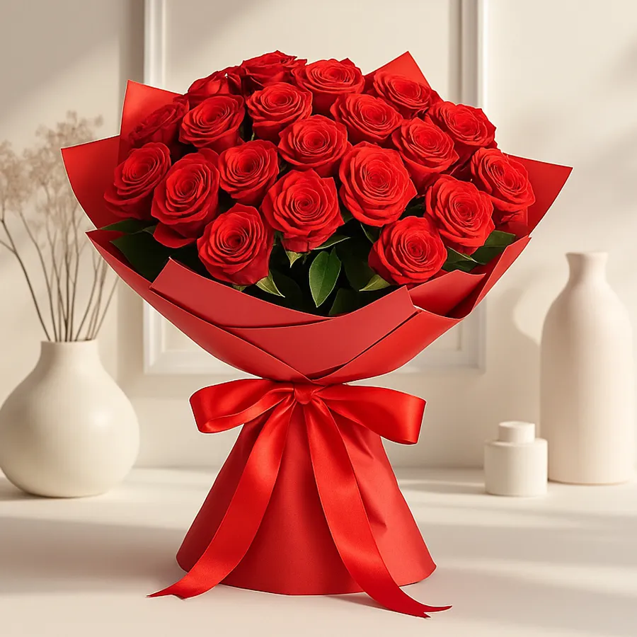 Beautiful bouquet of 30 vibrant Dutch roses, elegantly arranged for gifting.