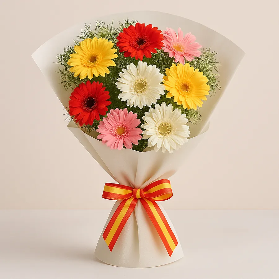 Cheerful bouquet of 10 mixed Gerberas wrapped in tissue.