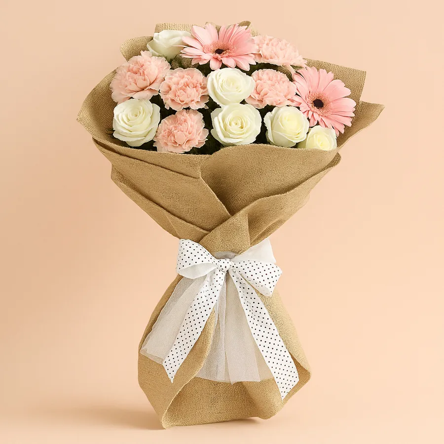 Seasonal Floral Bliss Bouquet featuring roses, gerberas, and carnations, beautifully tied with soft tissue.