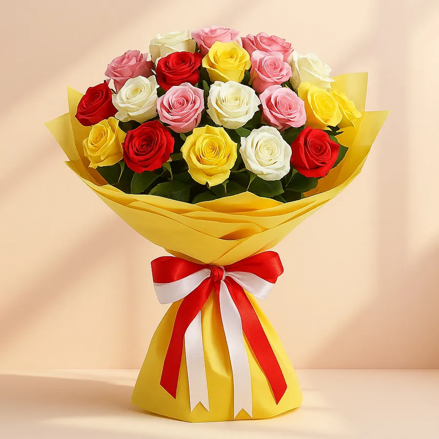 A vibrant bouquet featuring 24 mixed roses wrapped in tissue, designed to bring joy and warmth to your loved ones.