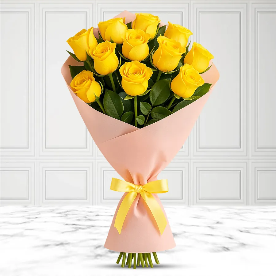 A beautiful bunch of 12 yellow roses, symbolizing joy and friendship.