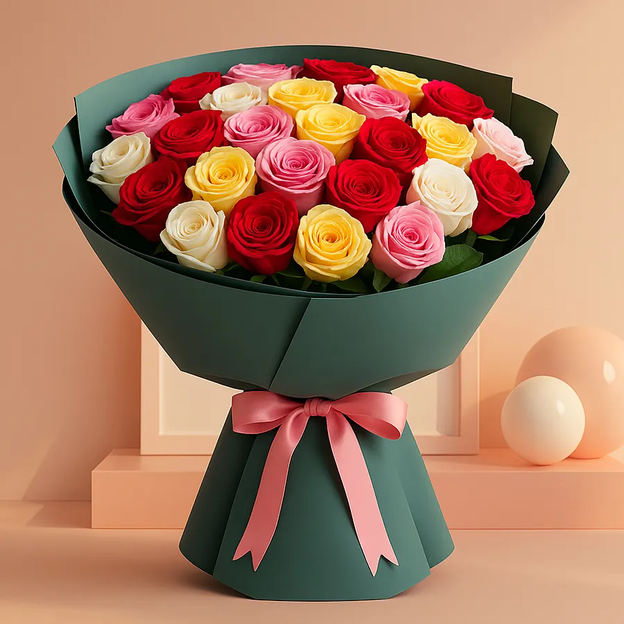 Romantic Sizzle Delight - 30 mixed roses arrangement showcasing vibrant colors and elegance.