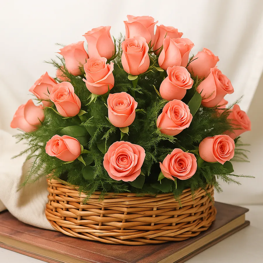 Arrangement of 15 pink roses surrounded by vibrant greens.