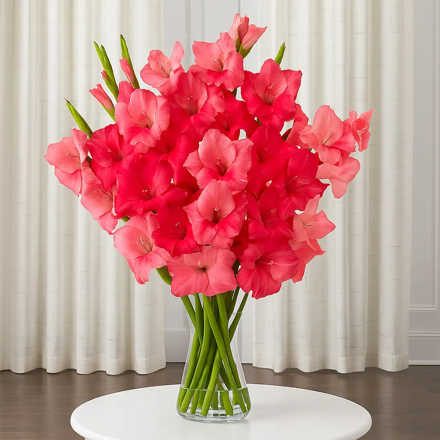 Elegant arrangement of 8 pinkish gladiolus in a glass vase.