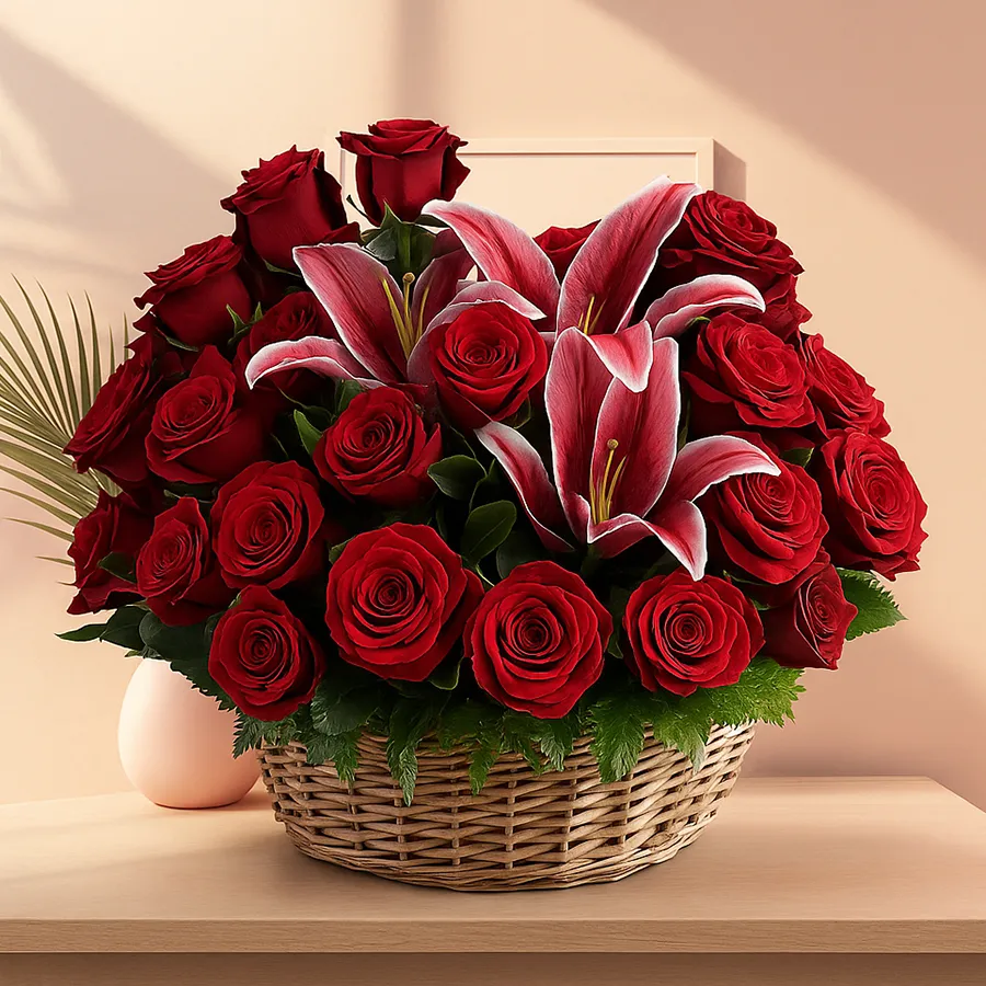 Stunning Red Floral Elegance arrangement featuring 20 red flowers, including Anthodium and Roses, ideal for expressing love.