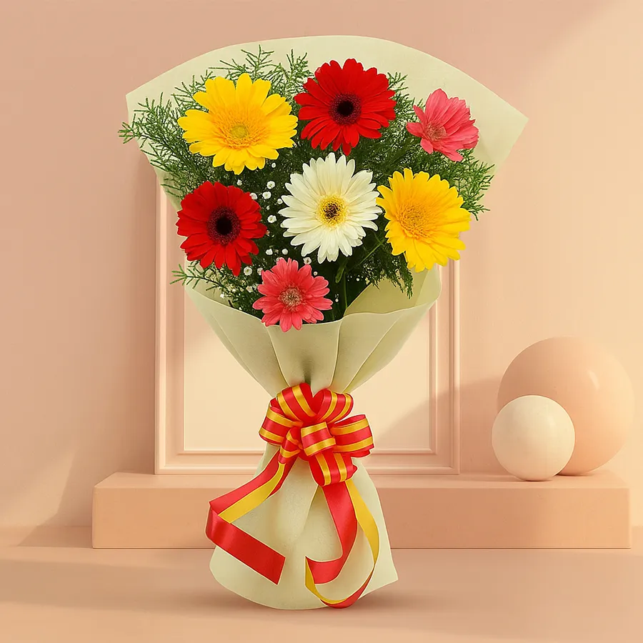 A bouquet featuring 12 colorful gerberas tied with classic tissue, perfect for gifting.