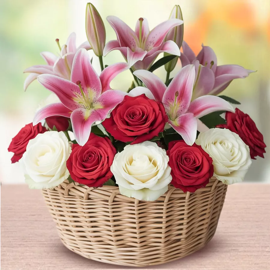 Beautiful bouquet featuring 12 roses and 4 pink lilies, ideal for expressing gratitude.