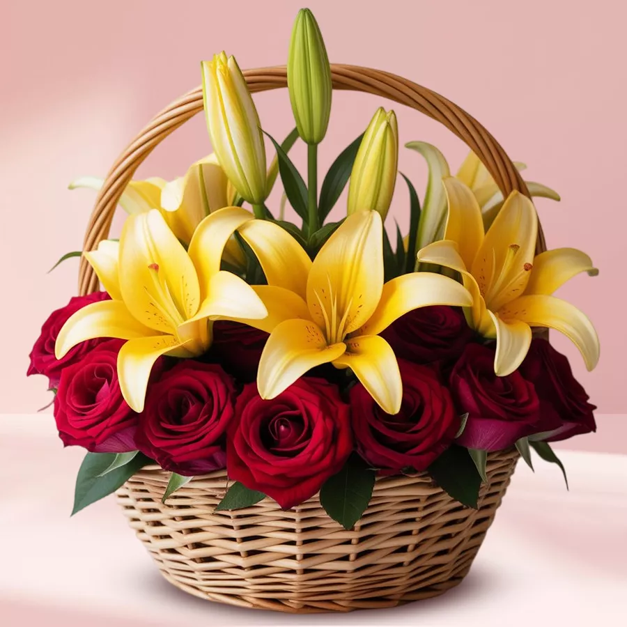 A beautiful gift basket featuring 10 red roses and 6 yellow lilies, perfect for celebrating special moments.