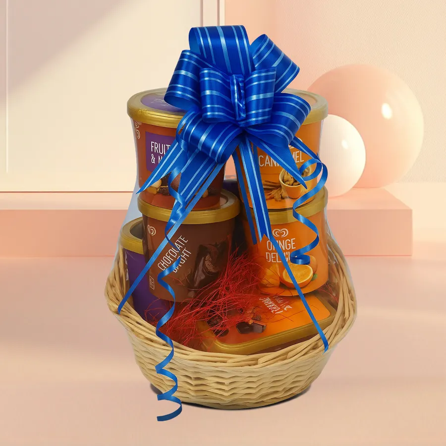 A delightful assortment of Kwality Walls ice cream tubs in a reusable gift basket, including vanilla, butterscotch, mango, fruit n nut, and chocolate flavors.