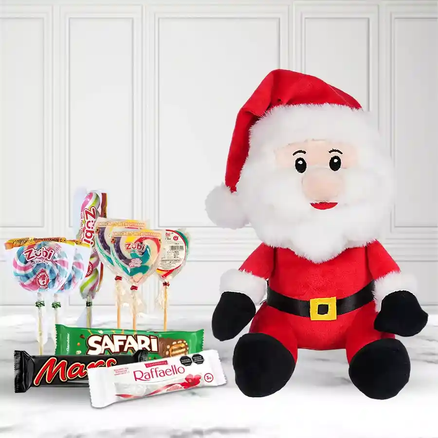 Santa Claus chocolates hamper featuring a cuddly Santa toy, Zubi lollipops, Safari and Mars chocolate bars, and Ferrero Rocher Raffaello chocolates