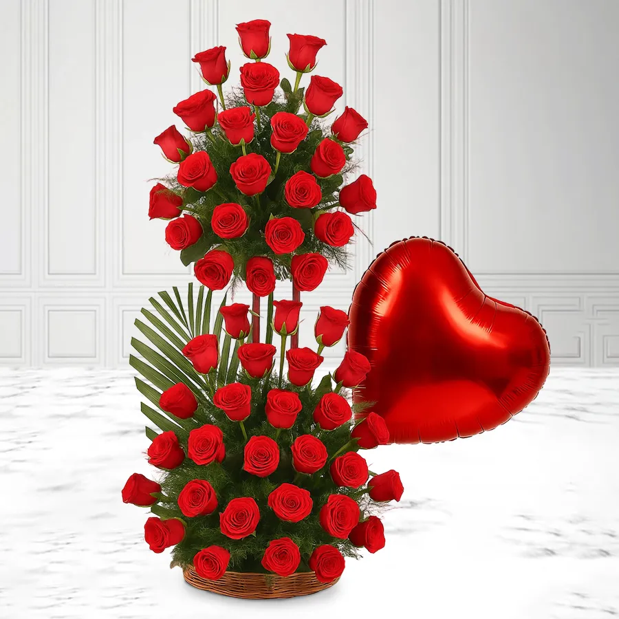 Heartfelt surprise featuring 36 red roses and a heart-shaped balloon, perfect for expressing love.