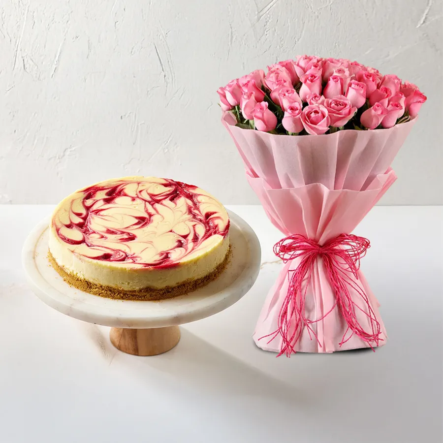 A beautiful 1 kg cheesecake paired with a bouquet of 12 roses, perfect for gifting.