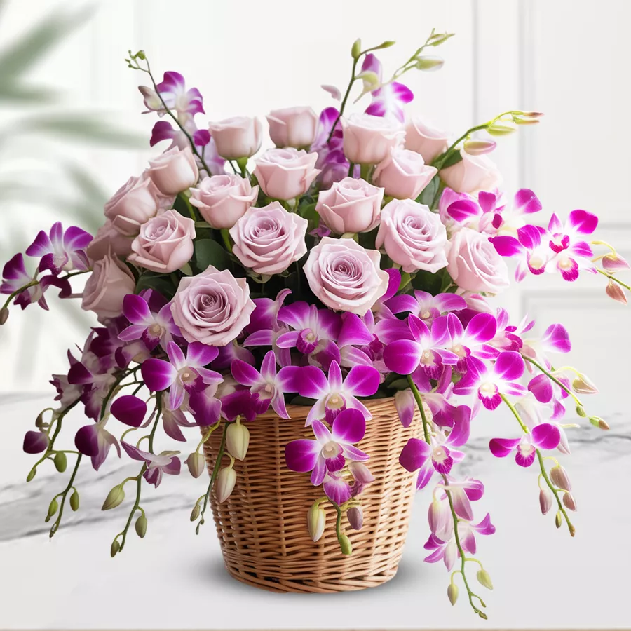 A stunning arrangement of roses and orchids designed as a heartfelt Mother's Day gift.