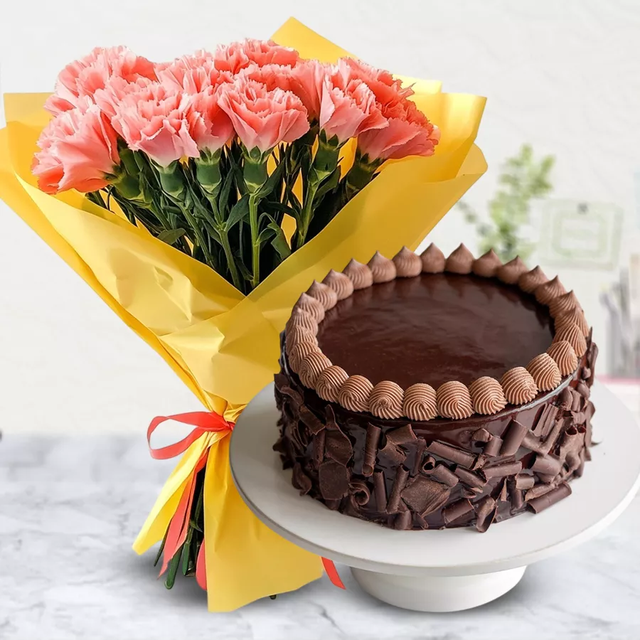 A beautiful gift set for Mother's Day featuring 12 carnations and a chocolate cake.