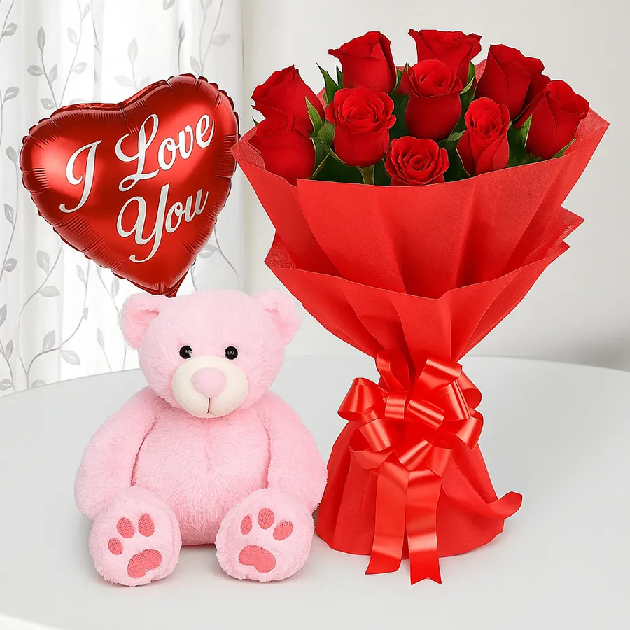Mother's Day gift featuring fresh roses, a cute teddy bear, and a cheerful balloon to express love and warmth.