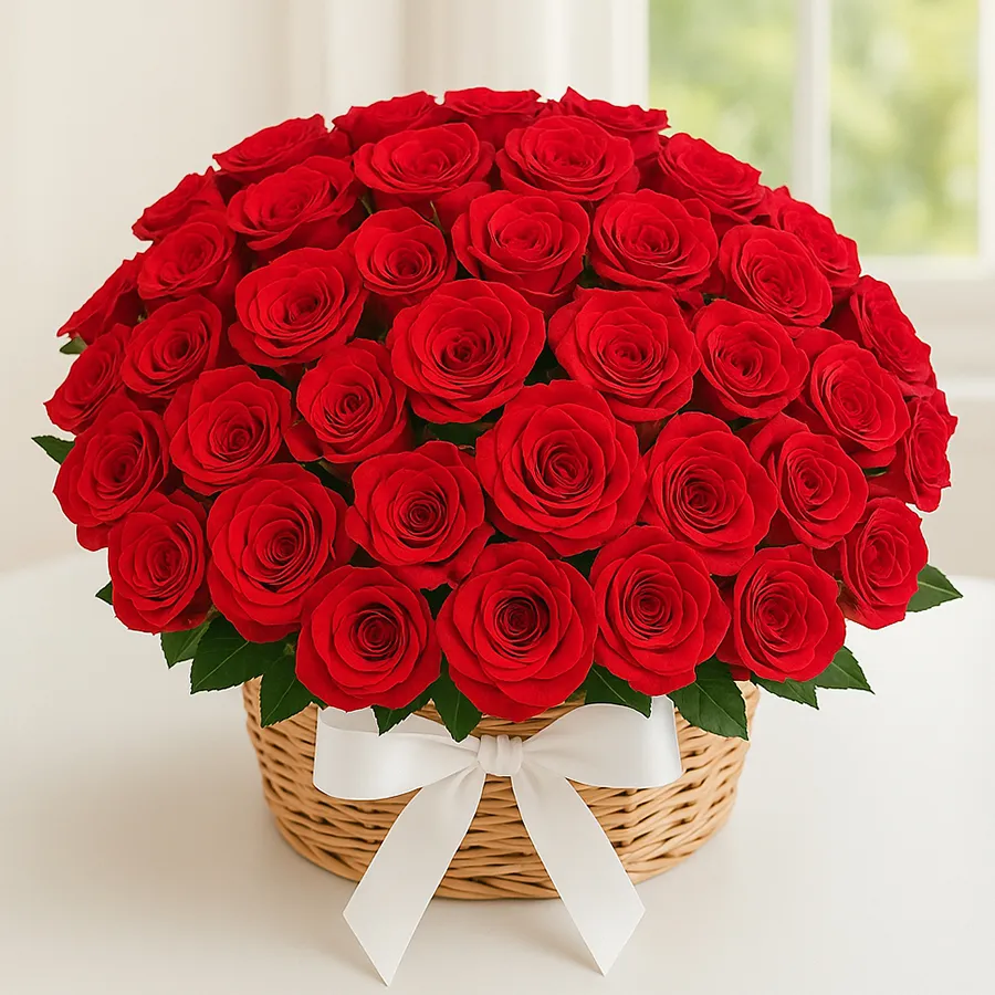 Heartfelt Love Gift Basket featuring 50 red roses with greens and fillers, ideal for Mother's Day celebrations.