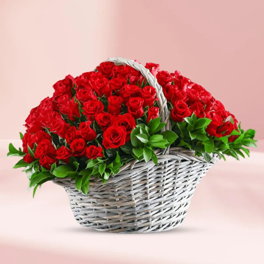 A captivating bouquet of 100 enchanting red Dutch roses, symbolizing love for mothers.