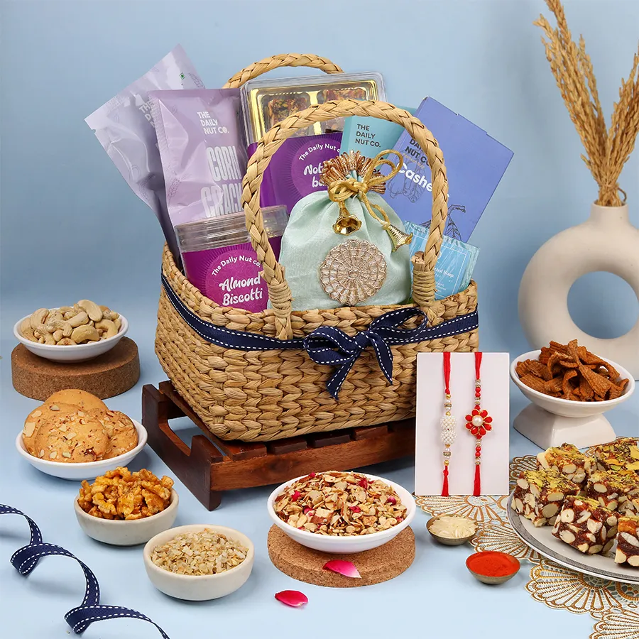 Savor the Tradition Rakhi Gift Set with cashews, biscotti, rakhis, and more, perfect for Raksha Bandhan celebrations.