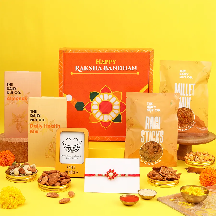 Heartfelt Rakhi Treats Bundle with healthy treats and traditions.