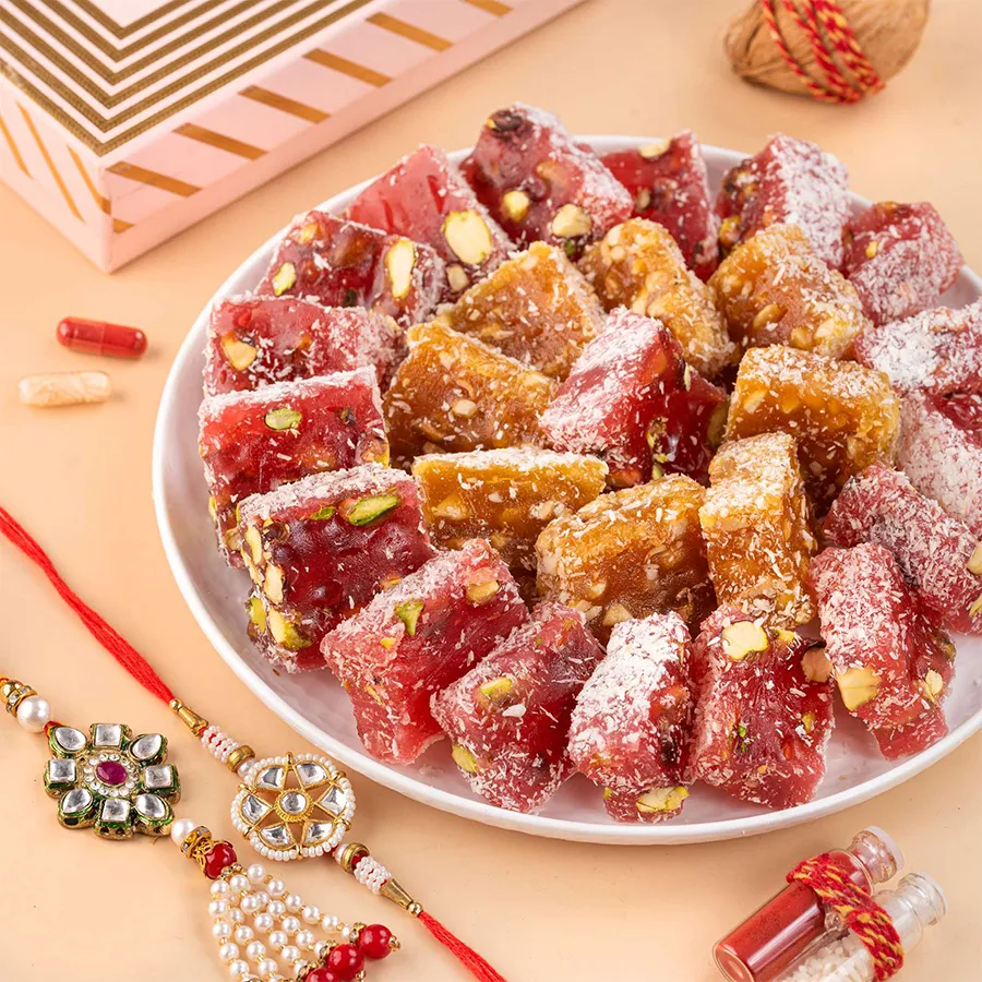 Premium Rakhi Essentials & Treats with Turkish delight and Kundan Rakhis.