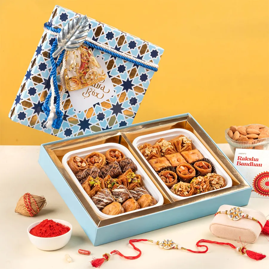 Delightful Baklava and Rakhi Set featuring assorted baklavas, Rakhi, and greeting card in an imperial gift box.