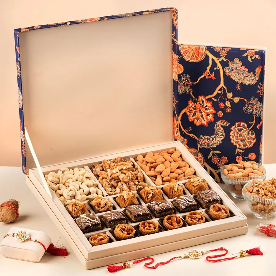 Nutty Baklava Delight Gift Box featuring assorted dry fruits and baklavas in an elegant Rajghiraana box.