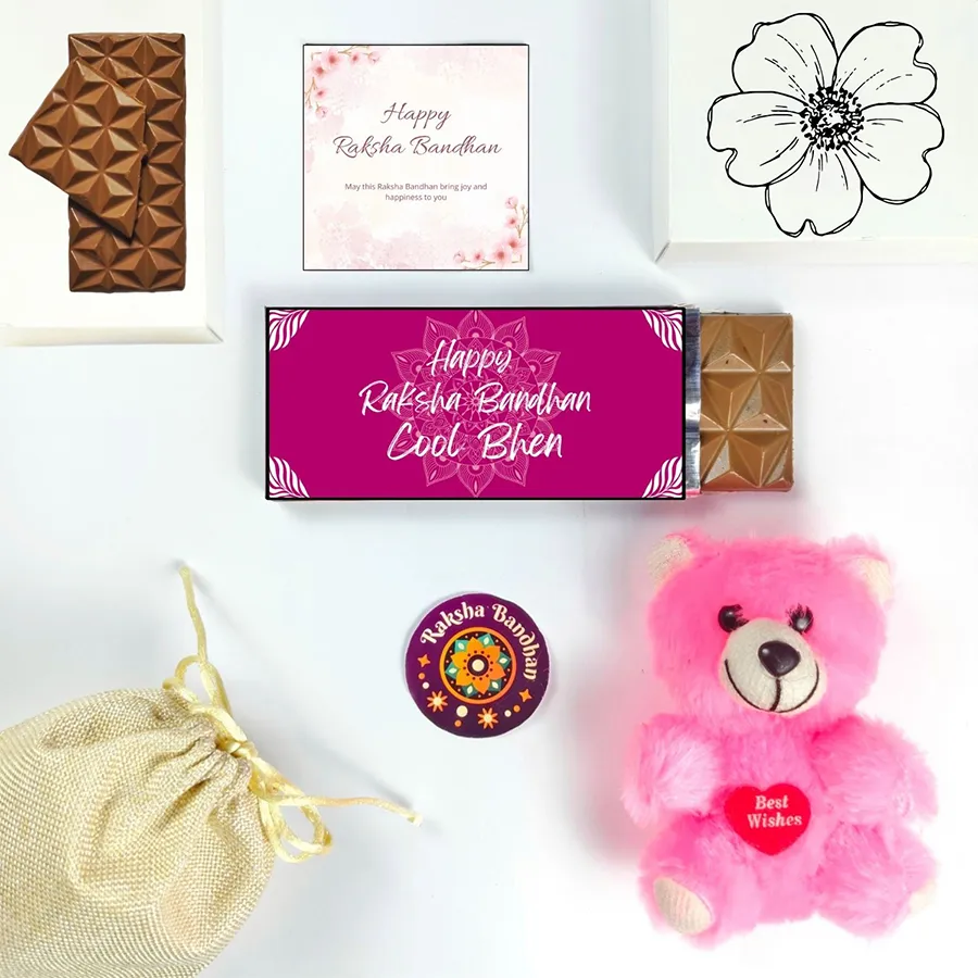 Trendy Cool Behen Rakhi Gift for sister with chocolate bar, teddy bear, greeting card, and jute potli.
