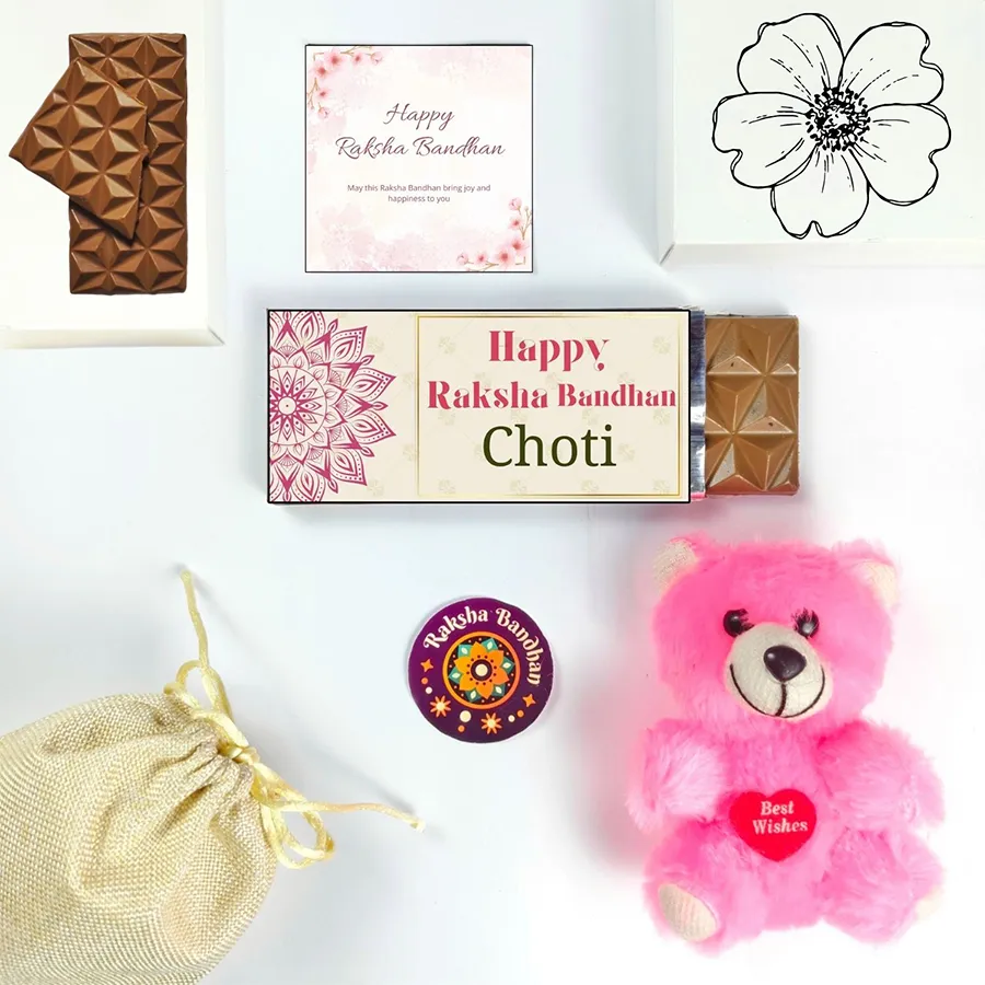 Heartfelt Rakhi & Teddy Gift Set with chocolate, teddy bear, greeting card, and jute potli.