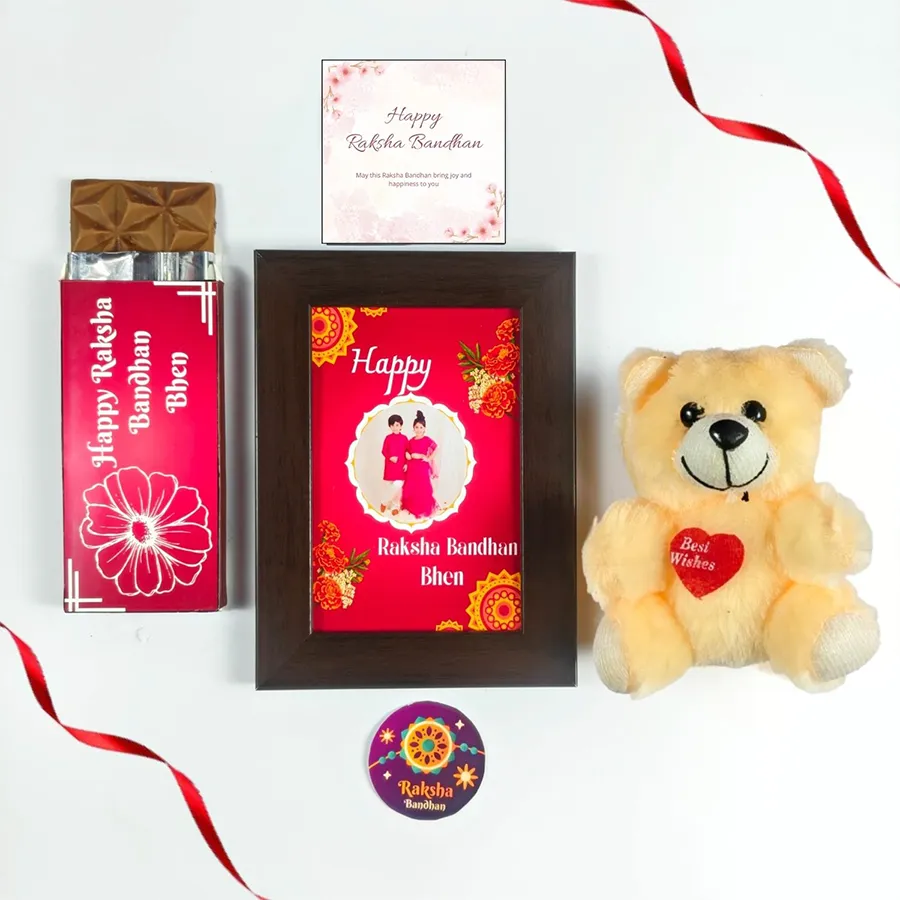 Sisterly Bond Rakhi Gift Collection for Raksha Bandhan with chocolate, teddy, photo frame, and greeting card.