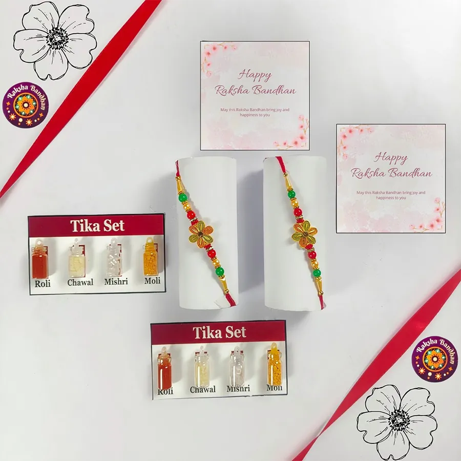 Bonding Bliss Duo Rakhi Set with Rakhis and traditional ceremony items.
