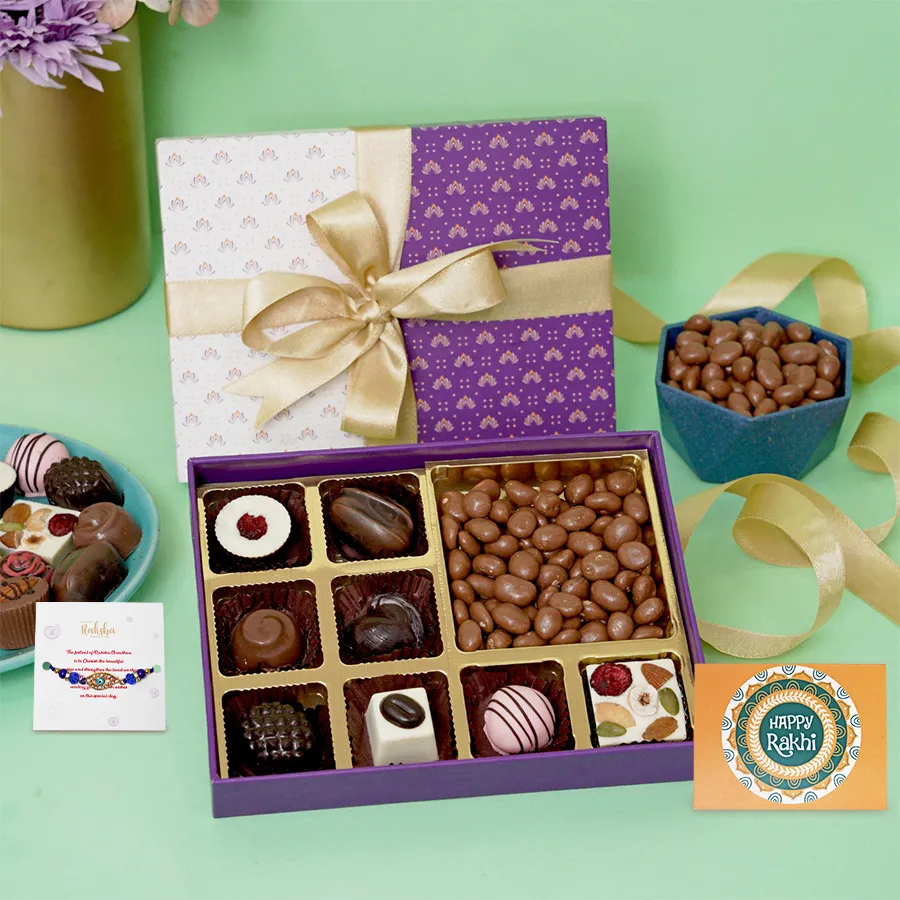 Enchanted Rakhi Treats Delight with Evil Eye Rakhi and assorted chocolates.