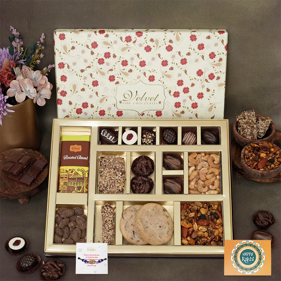 Savory Sweet Delight Rakhi Set with Evil Eye Rakhi and assorted treats.
