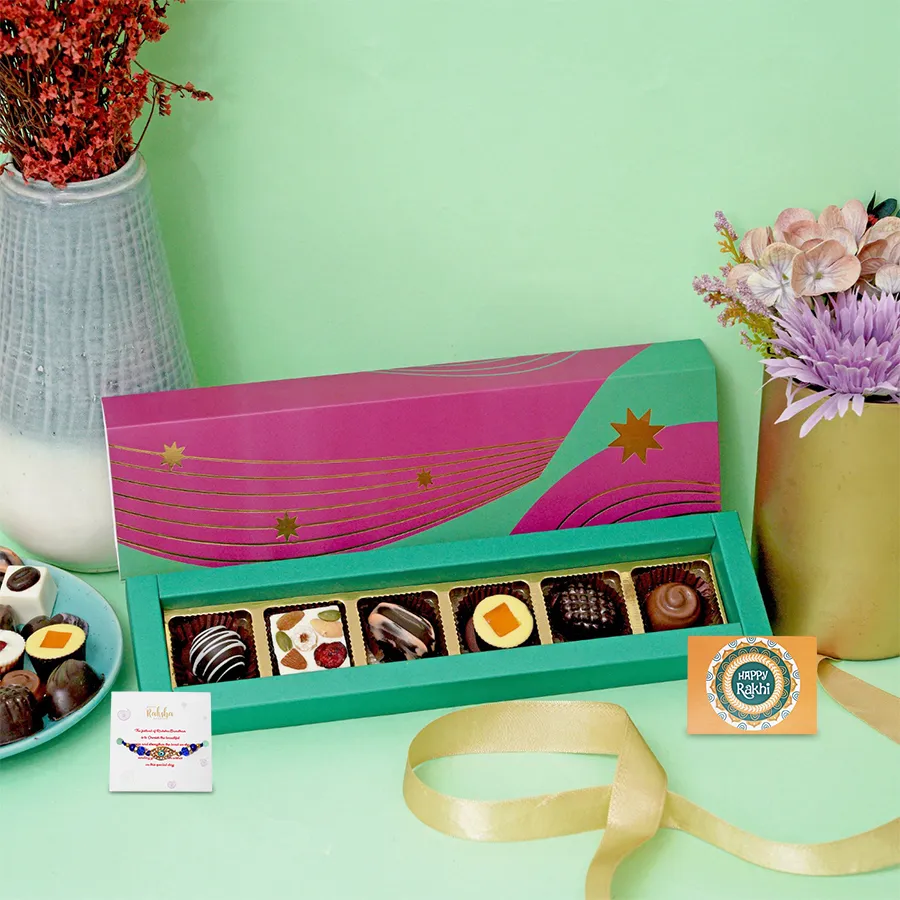 Rakhi and chocolate bliss bundle featuring Evil Eye Rakhi and assorted chocolates.