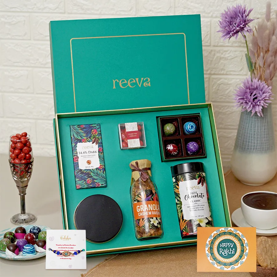 Sibling Sweetness Rakhi Celebration Set featuring chocolates, cookies, and a Rakhi card, perfect for Rakhi festivities.