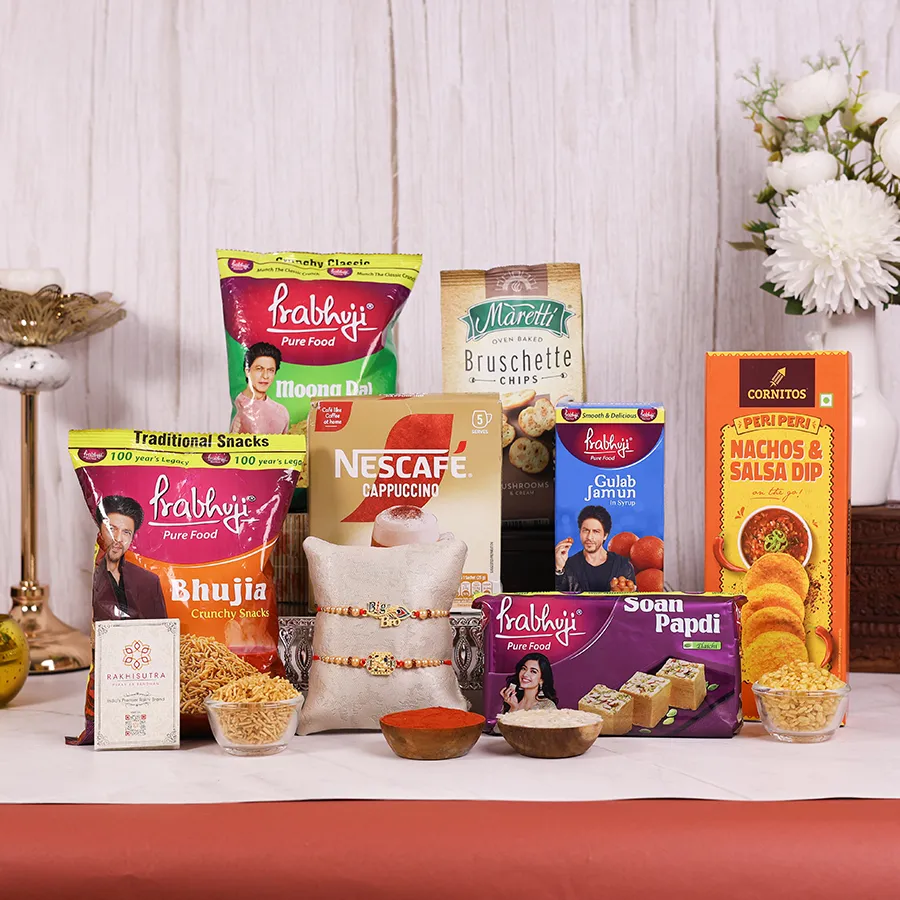 Festive Rakhi Snack Surprise Box featuring designer Rakhi, snacks, and a reusable gift box for sibling celebrations.
