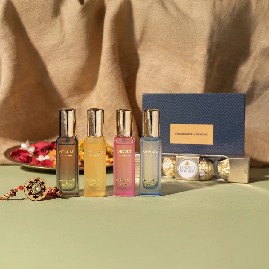 Fragrance & Rakhi Treasures Combo featuring four 20ml perfumes and a traditional Rakhi.