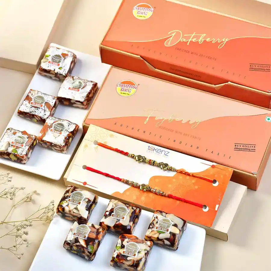 Elephant Rakhi & Sweet Treats Combo featuring sweets and tradition in a transparent gift bag.