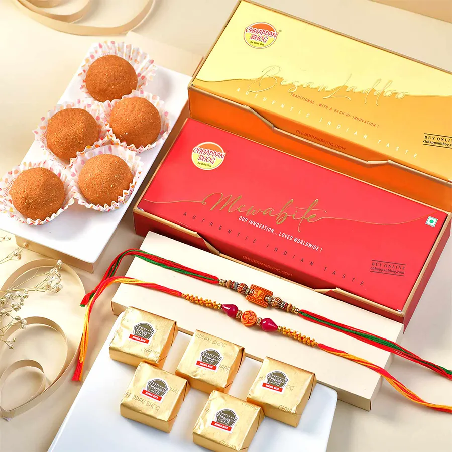 Festive Rakhi & Delectable Delights Combo and delicious Chappan Bhog sweets in a transparent gift bag for festive celebrations.