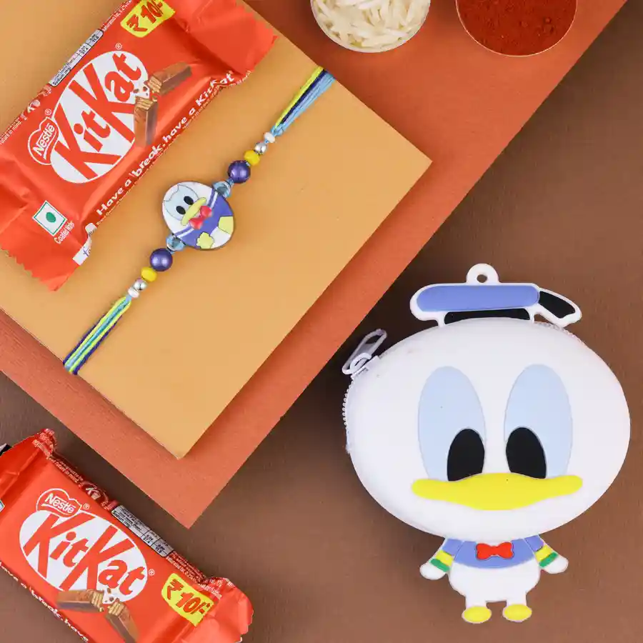Charming Donald Duck Rakhi with chocolates and pouch