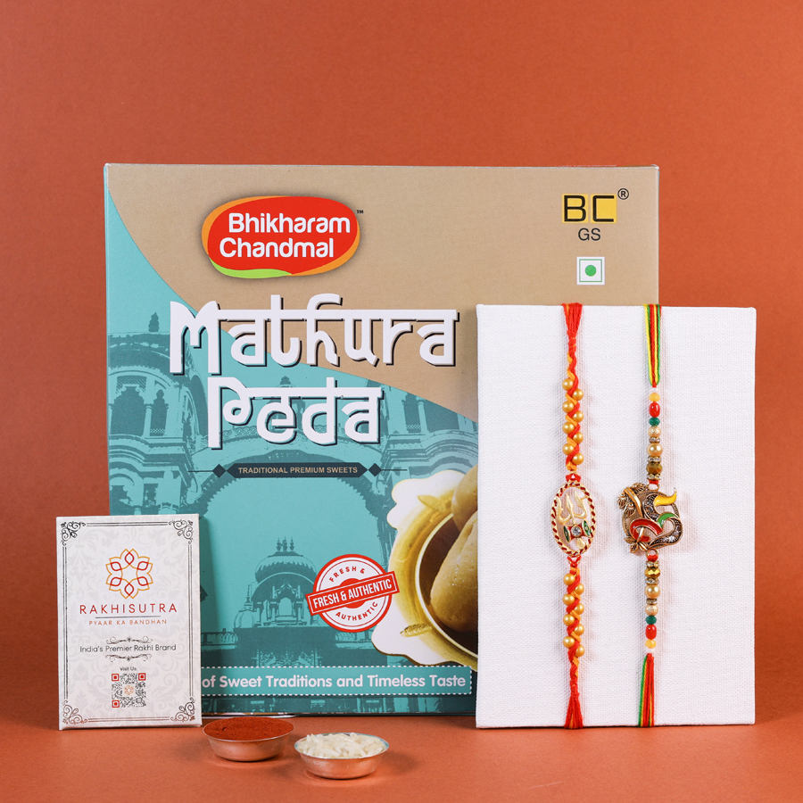 Rakhi gift set featuring sweets and ritual items.