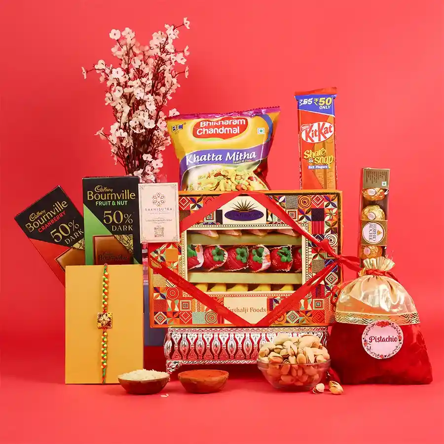 Elegant Rakhi celebration hamper with sweets and snacks