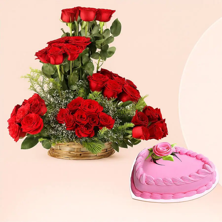 A beautiful basket of 48 red roses alongside a heart-shaped strawberry cake, ideal for expressing heartfelt emotions.