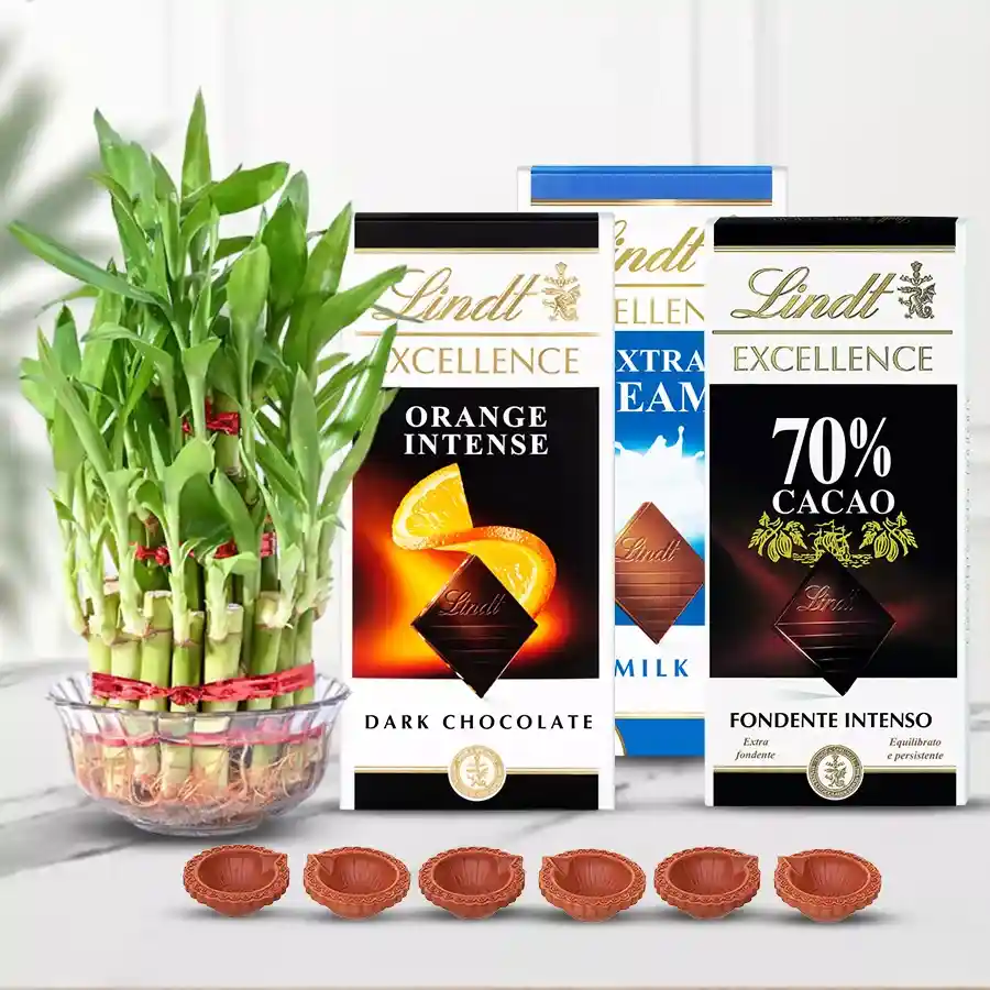 Eco-friendly Diwali gift hamper featuring Lindt chocolates, a Lucky Bamboo plant, and designer mud diyas.