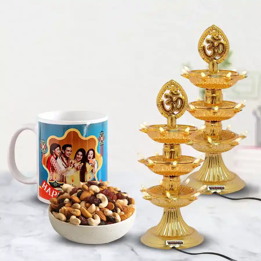 Personalized photo mug with assorted dry fruits and LED diya lamps for Diwali celebration.