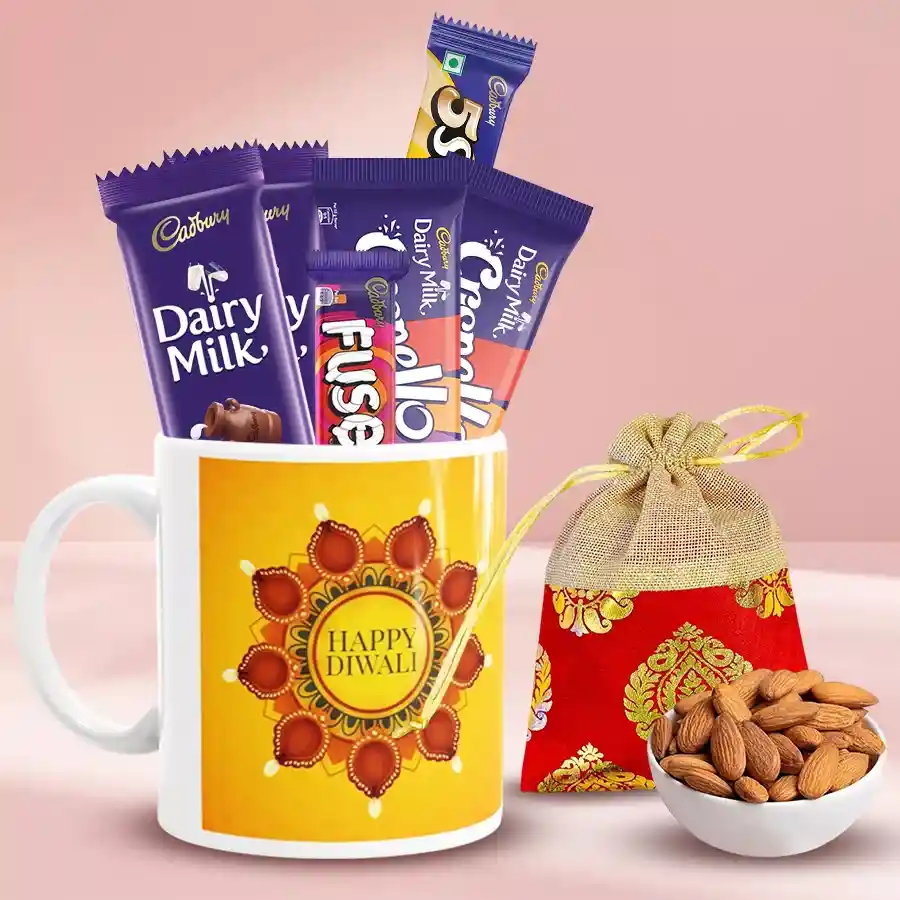 Personalized Diwali greeting coffee mug with assorted Cadbury chocolates and almonds in a designer potli
