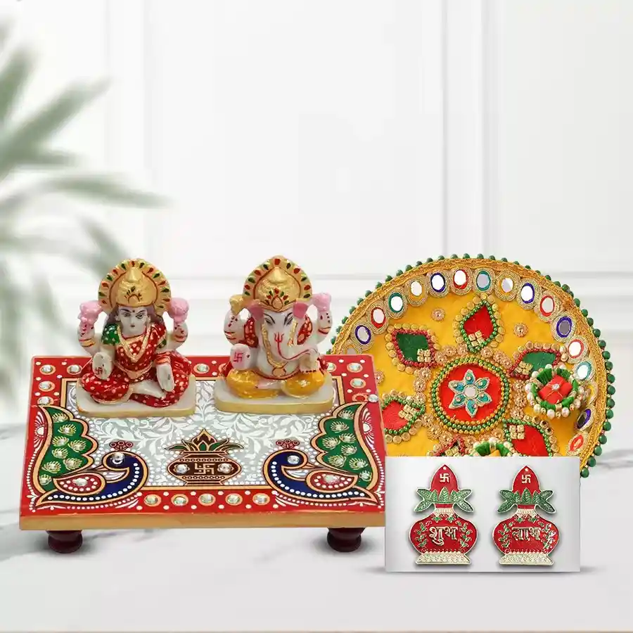 Spiritual Diwali Poojan set featuring marble idols of Laxmi and Ganesh Ji on a 6x4” Choki with a Pooja Thali and Subh Labh Wall Sticker.