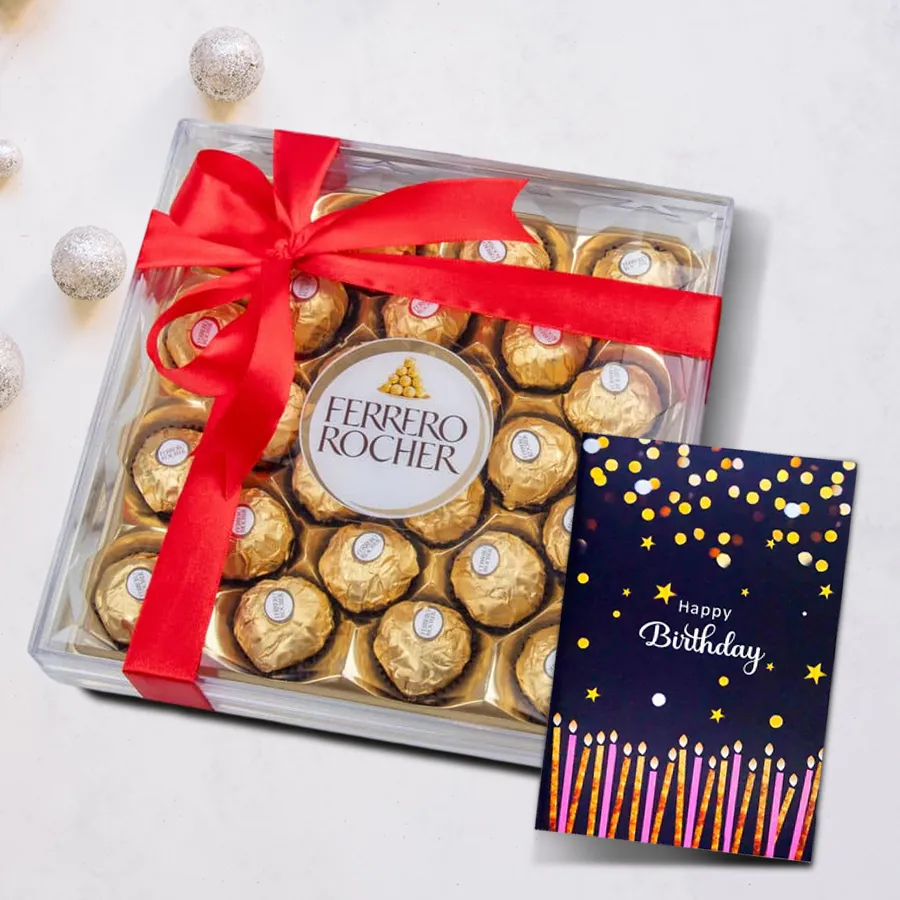 Ferrero Rocher chocolate box with 24 pieces wrapped in gold foil, tied with a red ribbon, and accompanied by a birthday card