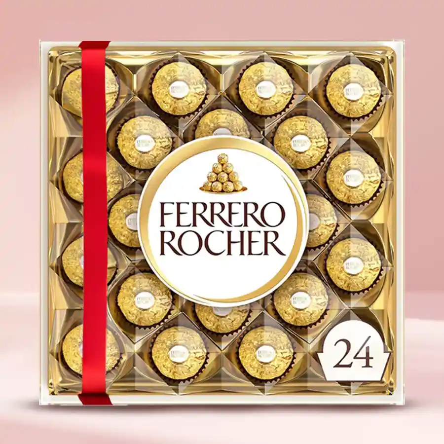 Ferrero Rocher Chocolate Box with 24 gold-wrapped chocolates and a red ribbon